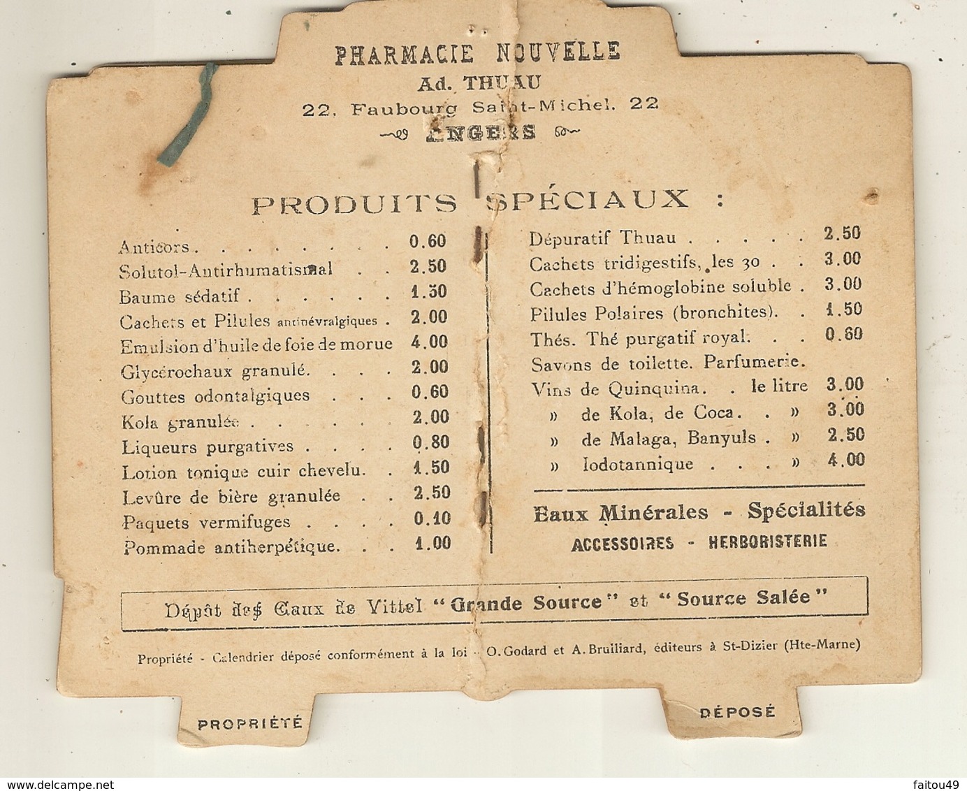 Calendriers 1908 Eaux Minerales Vittel  Phamacie AD THUAU Faubourg St Michel ANGERS - Petit Format : 1901-20