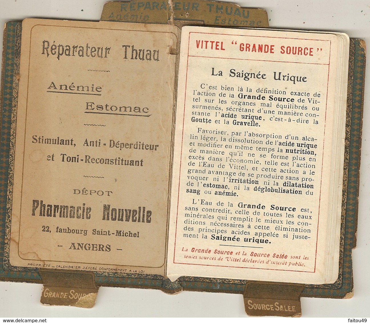 Calendriers 1908 Eaux Minerales Vittel  Phamacie AD THUAU Faubourg St Michel ANGERS - Petit Format : 1901-20