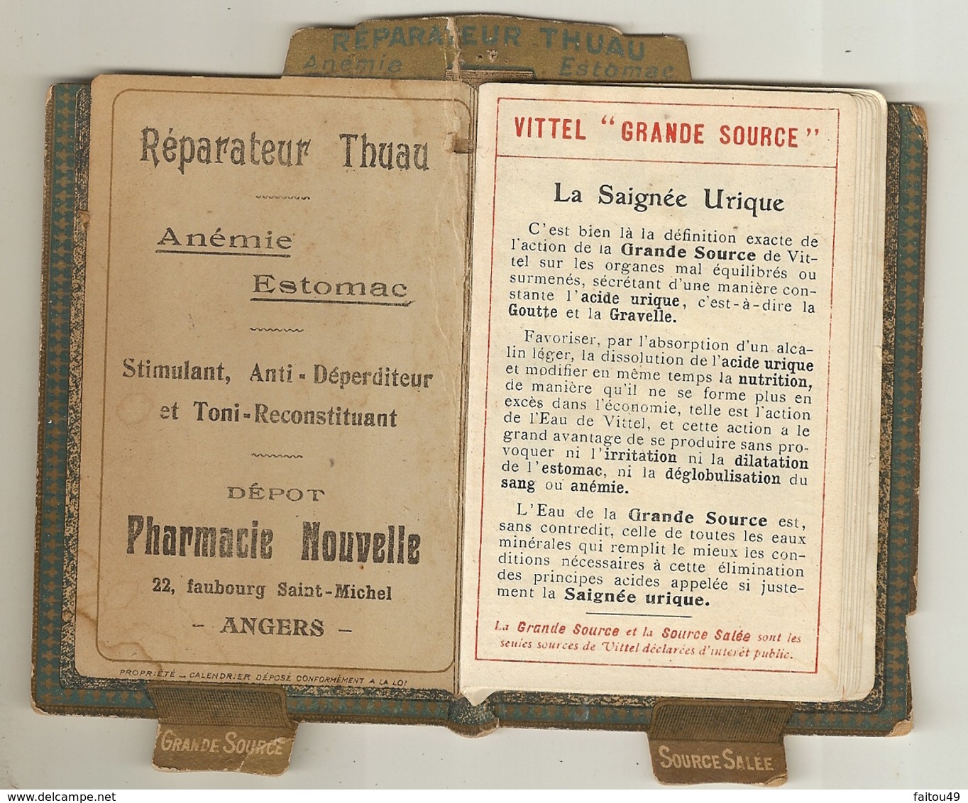 Calendriers 1908 Eaux Minerales Vittel  Phamacie AD THUAU Faubourg St Michel ANGERS - Petit Format : 1901-20