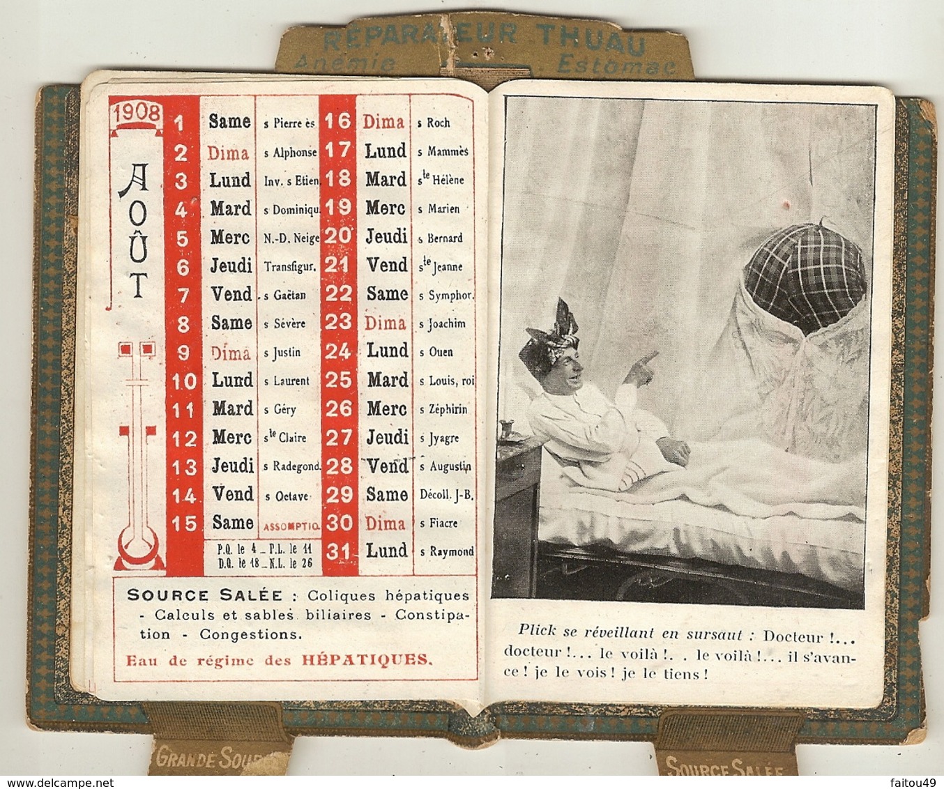 calendriers 1908 eaux minerales vittel  phamacie AD THUAU faubourg st michel ANGERS