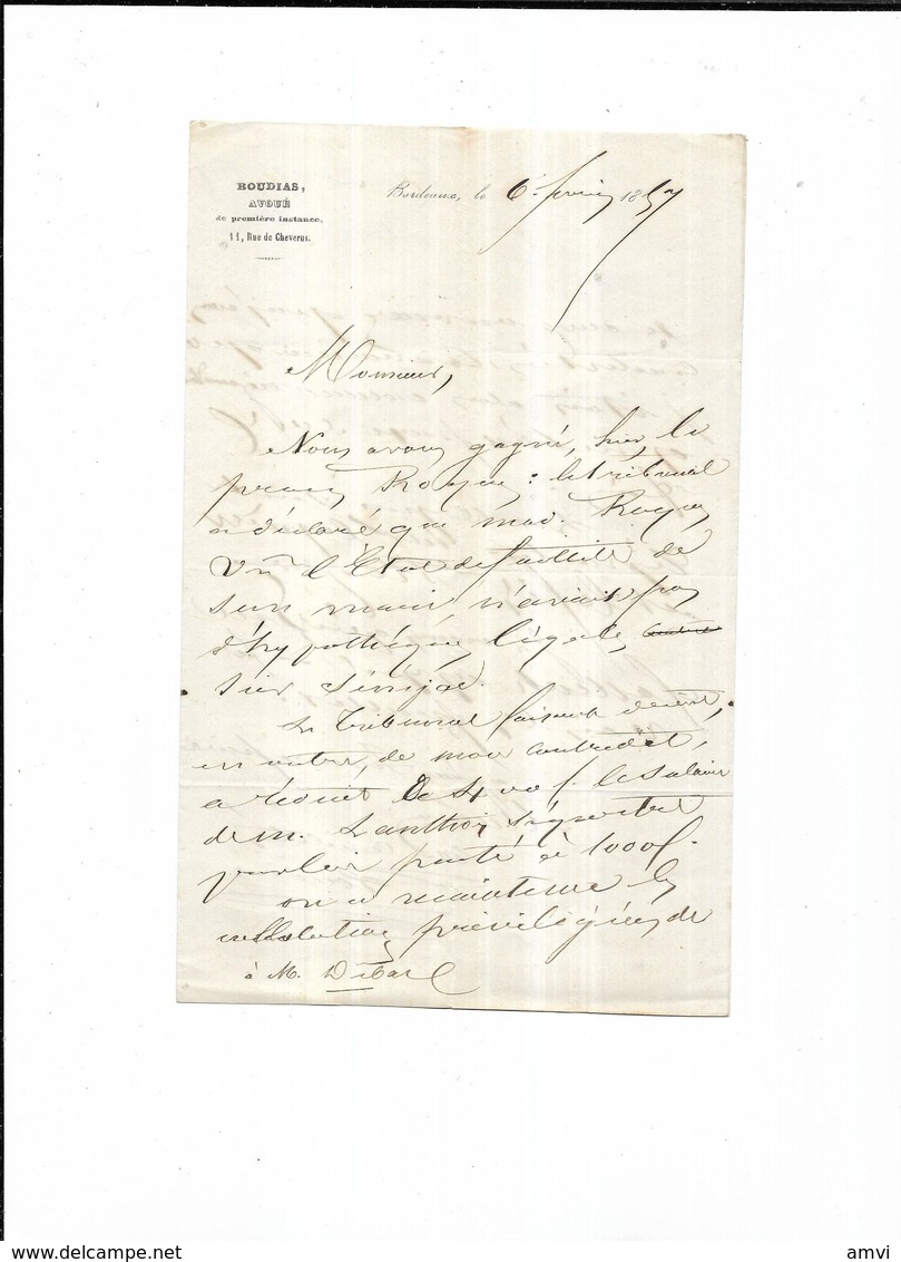 4044 Correspondance 1857 ROUDIAS Avoué à Bordeaux ( 33 ) - Manuscrits