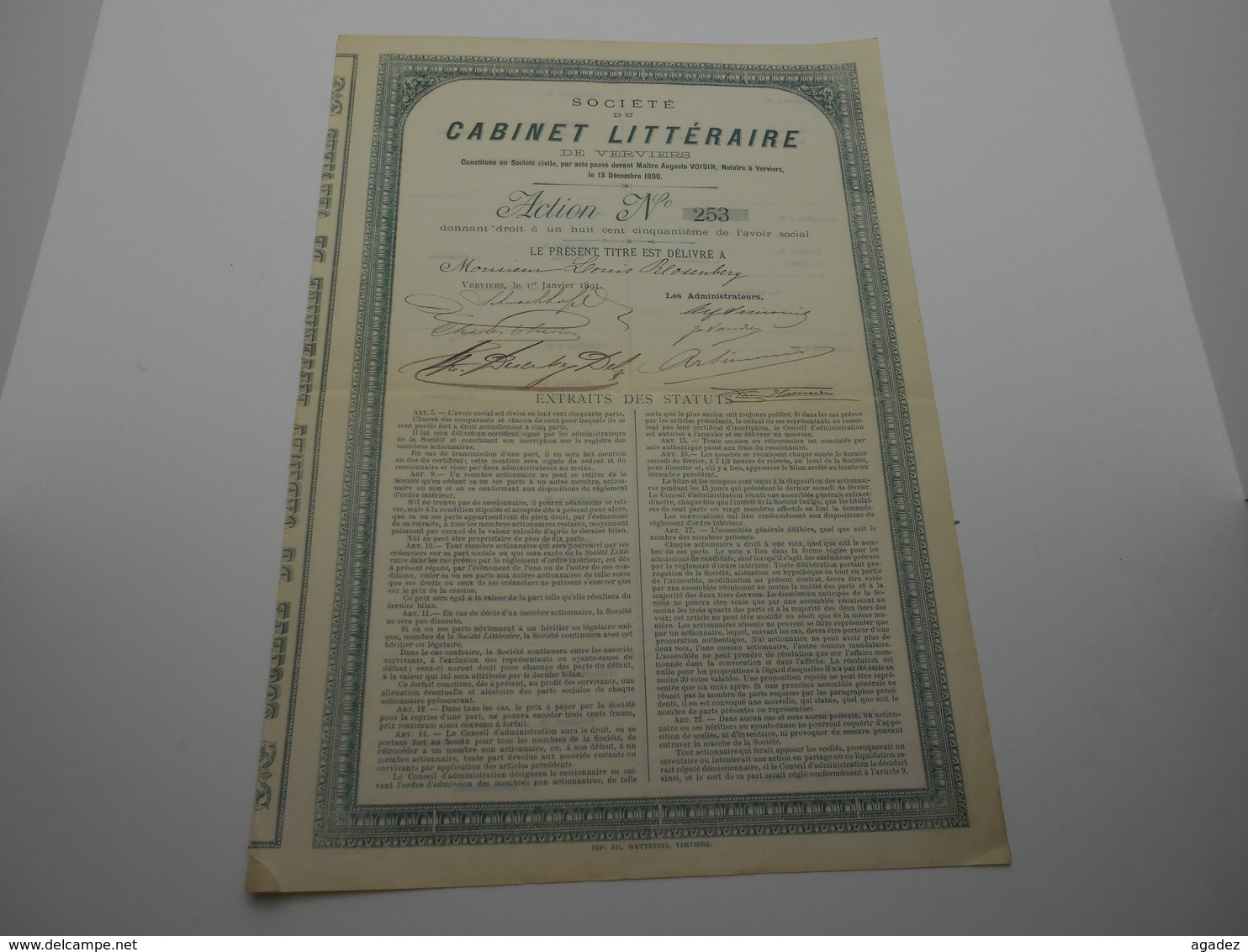 Action Société Du Cabinet Littéraire De Verviers  1891 N°253 Signature:Simonis,Charles Thirion - Autres & Non Classés