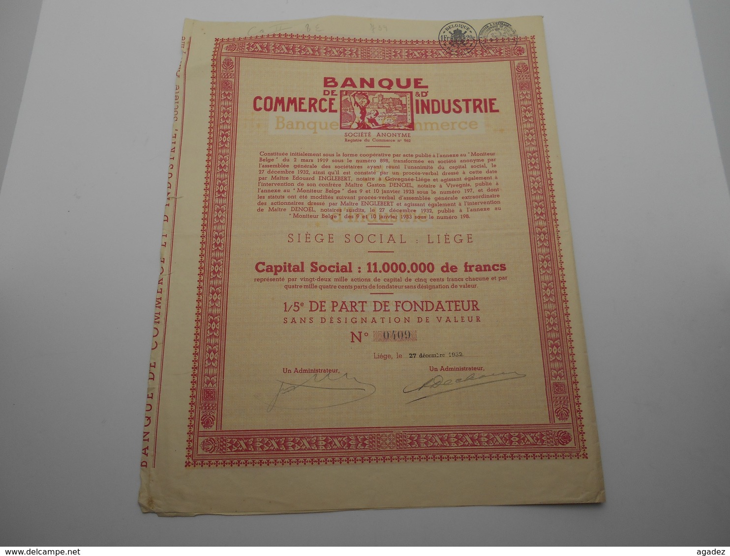 1/5 Part De Fondateur  " Banque De Commerce Et D'industrie " Liège 1932  Belgique. Bank N°0409 - Banque & Assurance