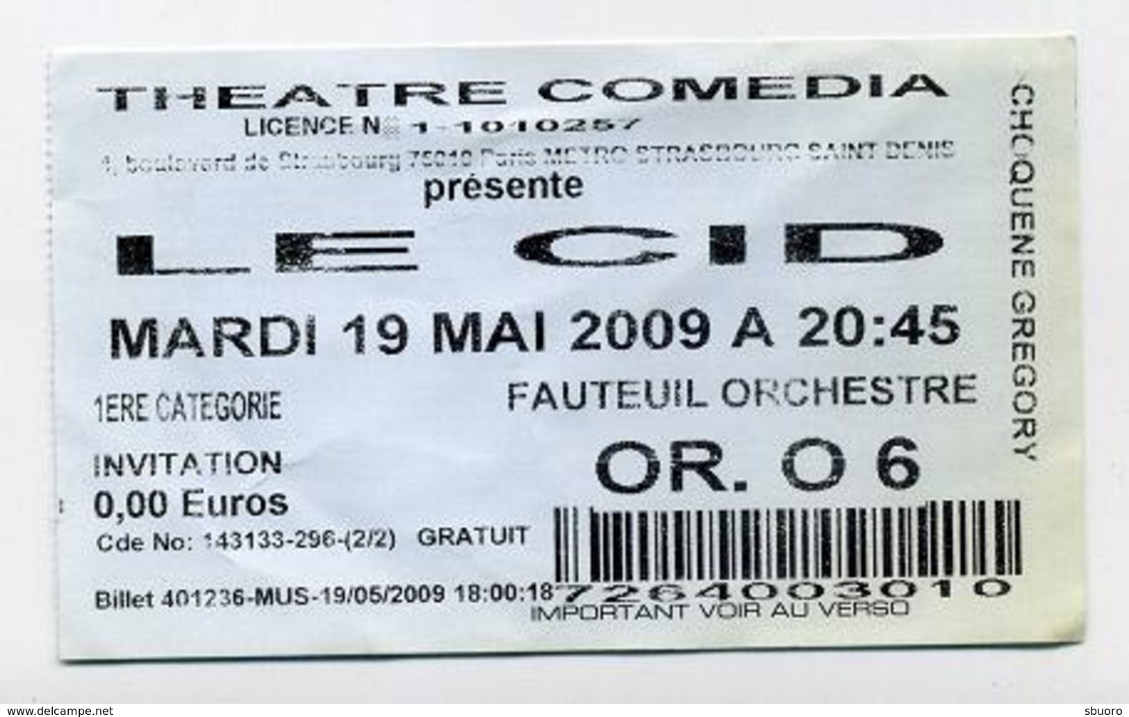 Le Cid - Théâtre Comedia, Paris - Mai 2009 - Biglietti D'ingresso