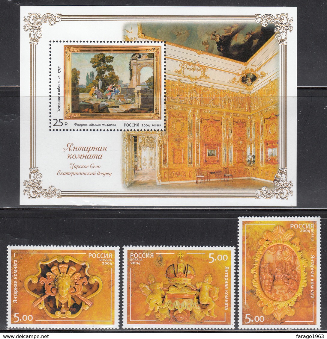 2004 Russia Treasures From Amber Room Museum Complete Set Of 3+souvenir Sheet MNH - Unused Stamps