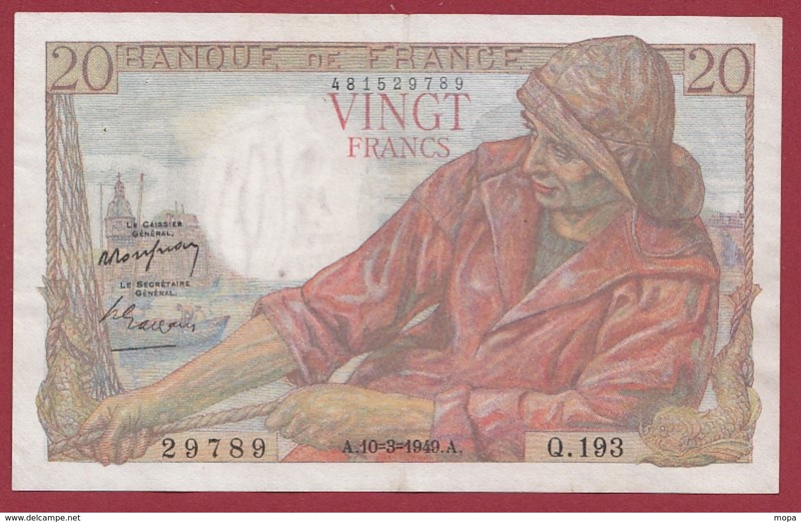 20 Francs "Pêcheur" Du 10/03/1949.A---TTB+---ALPH .Q.193- -3 TROU D EPINGLE - 20 F 1942-1950 ''Pêcheur''