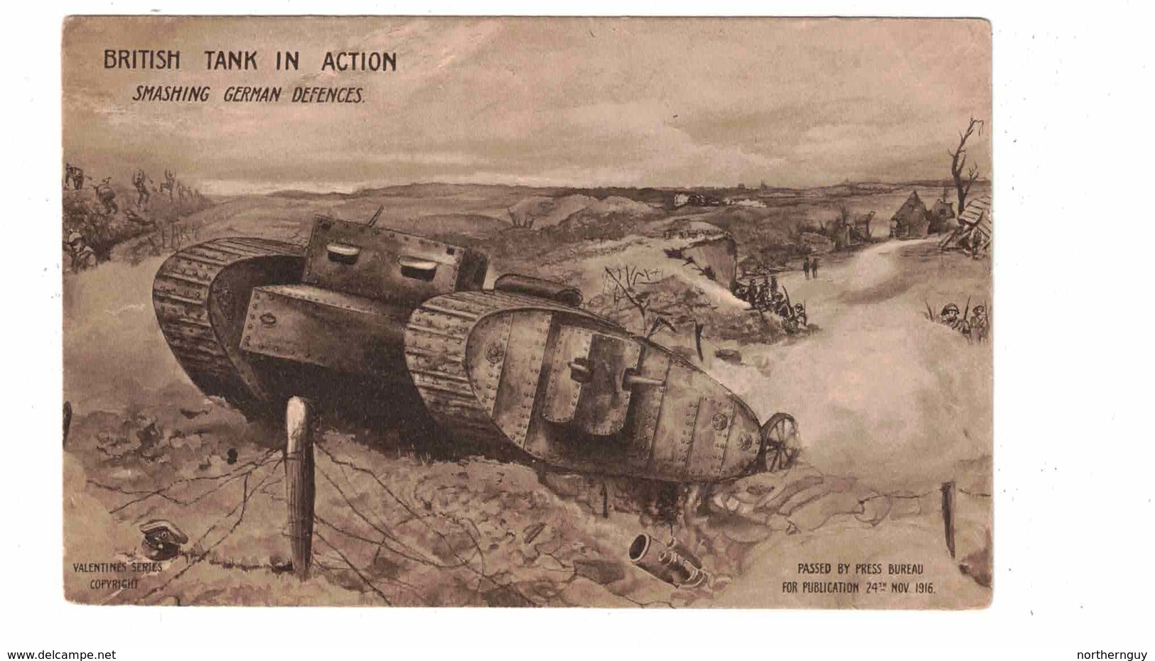 "British Tank In Action", Smashing German Defences, WW I Postcard, 1918 - Guerre 1914-18