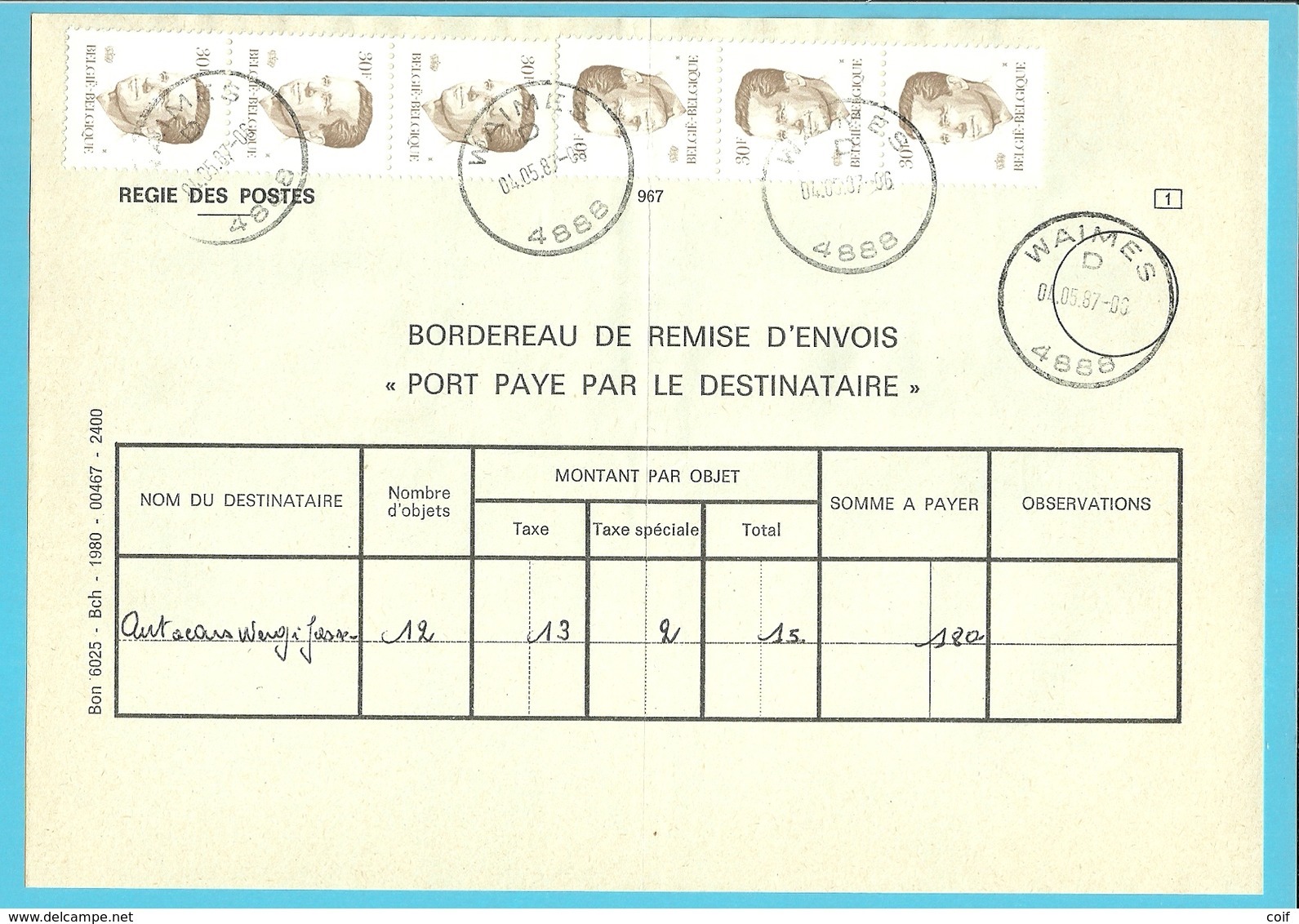 2126 Op BORDEREAU DE REMIS D'ENVOIS "PORT PAYE"... Stempel WAIMES (Oostkantons - Cantons De L'Est) - Typos 1967-85 (Lion Et Banderole)