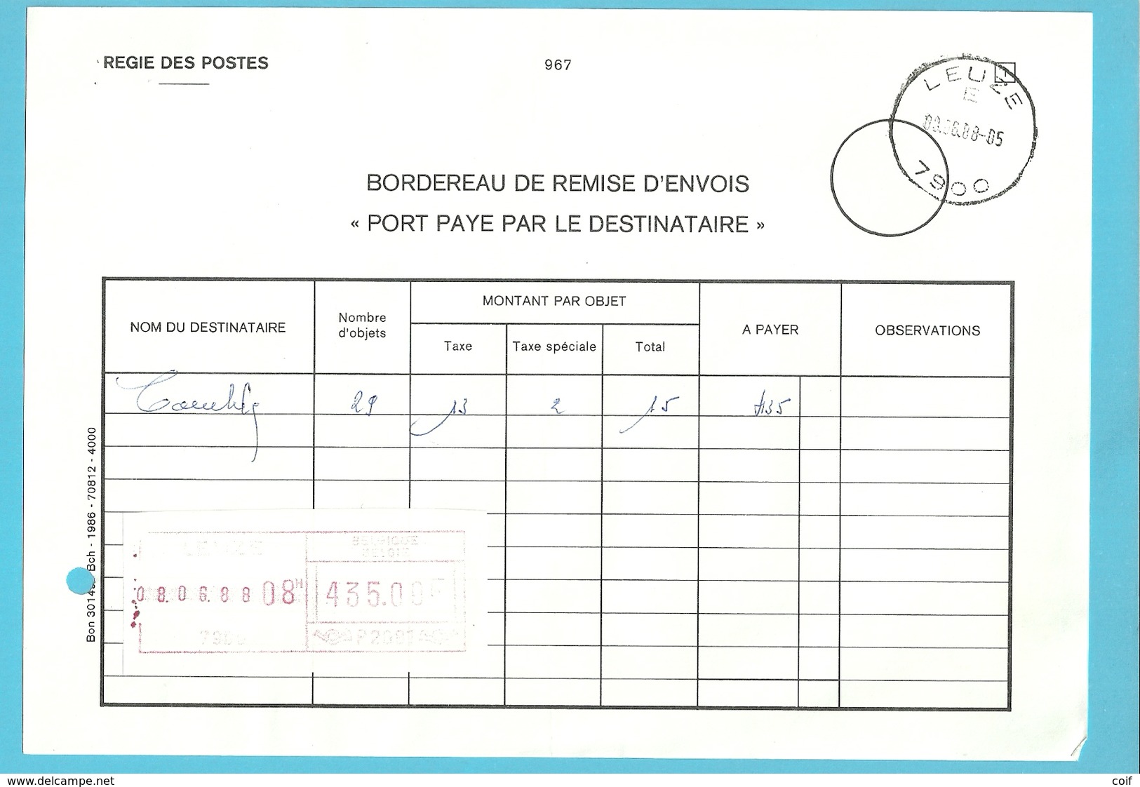 ROODFRANKEERING Op BORDEREAU DE REMIS D'ENVOIS "PORT PAYE"... Stempel LEUZE - 1980-99