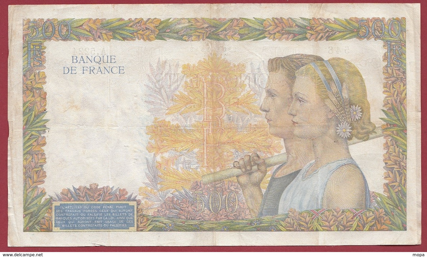 500 Francs "La Paix"--du 02/04/1942.A.Q----TTB--ALPH.A.5224 - 500 F 1940-1944 ''La Paix''