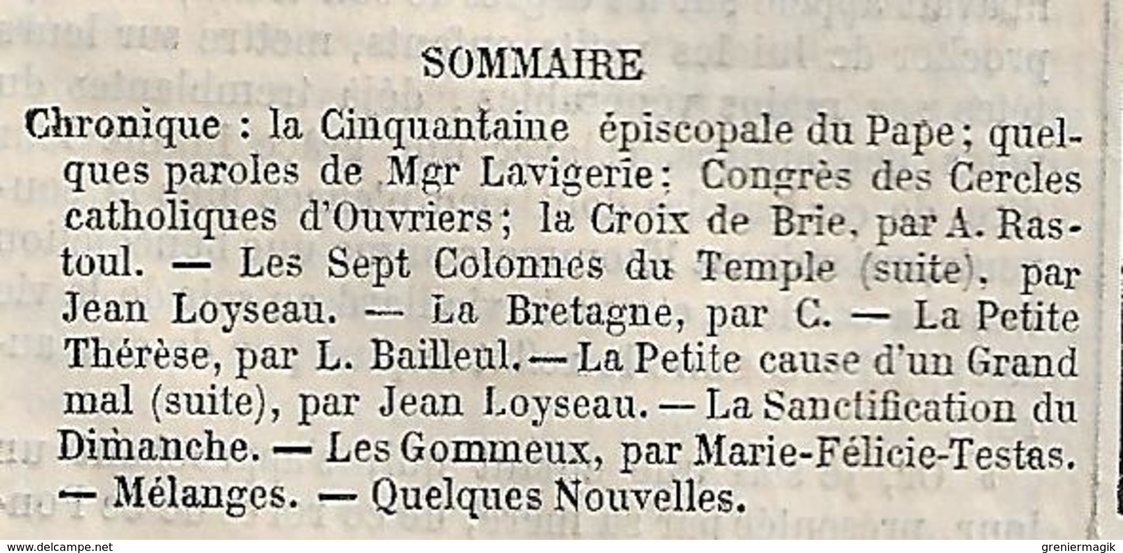 Journal Le Clocher N°50 Du 09/06/1877 Jean Loyseau - La Bretagne (Menhir ?) - Nouvelles De Rome ... - 1850 - 1899