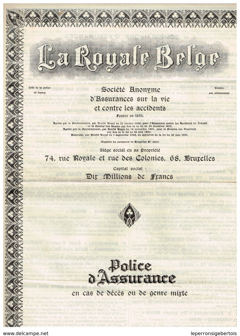 Titre Ancien - La Royale Belge - Société Anonyme D'Assurances Sur La Vie Et Contre Les Accidents - Contrat De 1936 - Banque & Assurance