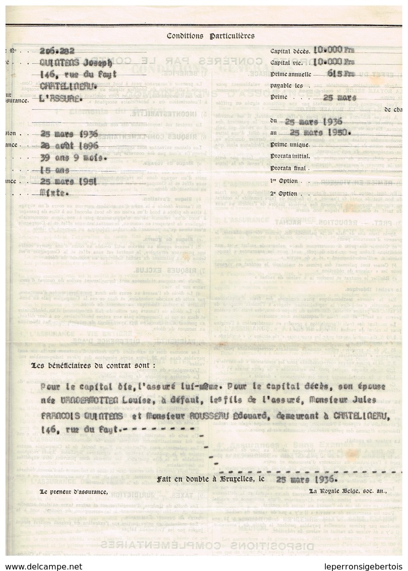 Titre Ancien - La Royale Belge - Société Anonyme D'Assurances Sur La Vie Et Contre Les Accidents - Contrat De 1936 - Banque & Assurance