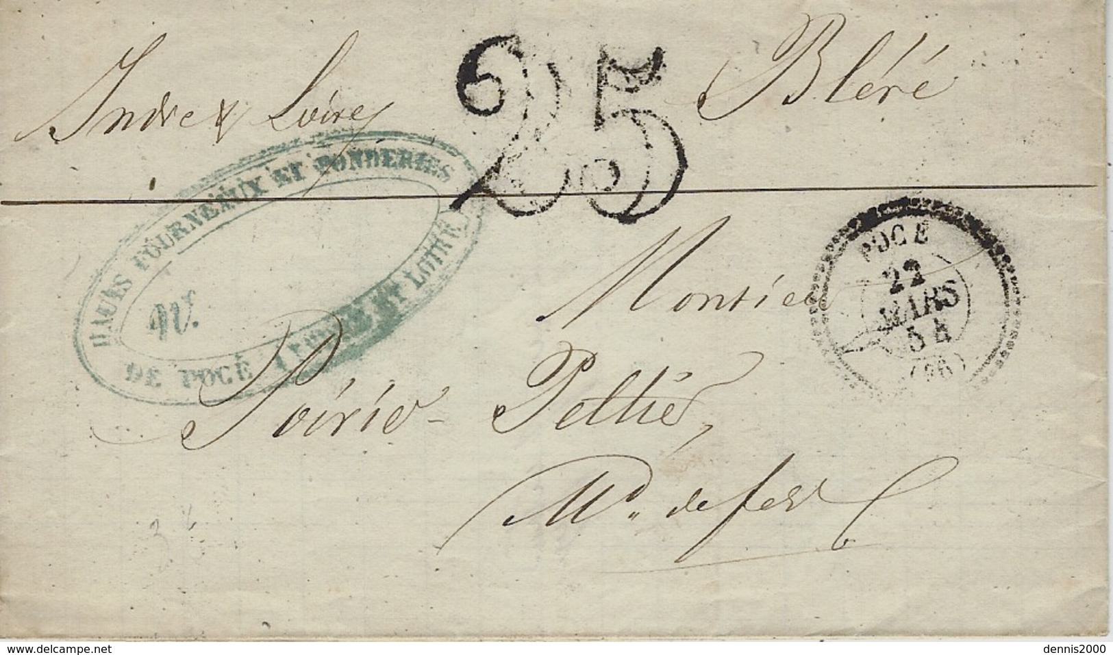 1854- Lettre De POCE ( Indre Et Loire ) Cad T22  + Taxe 25 Dt - 1849-1876: Période Classique