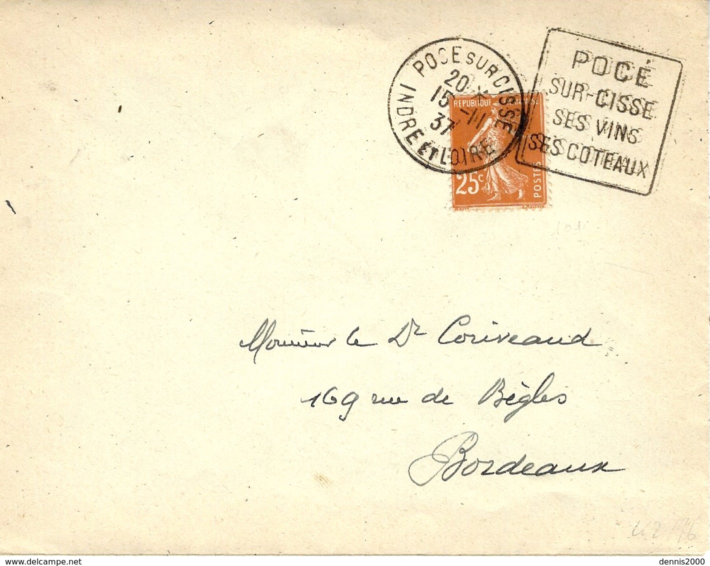 1937- Enveloppe De POCE Sur CISSE ( Indre Et Loire )affr. 25 C Oblit. DAGUIN " POCE /SUR-CISSE / SES VINS / SES COTEAUX - 1921-1960: Periodo Moderno