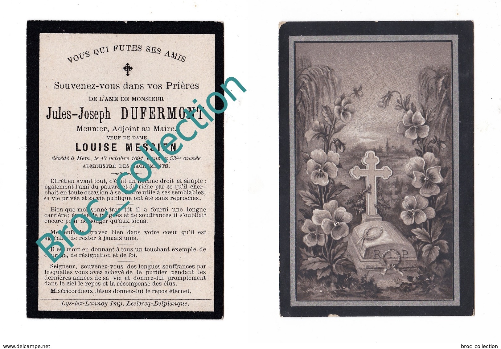 Hem, Mémento De Jules Joseph Dufermont, 17/10/1894, 52 Ans, Meunier, Adjoint Au Maire, époux Louise Messien, Décès - Santini