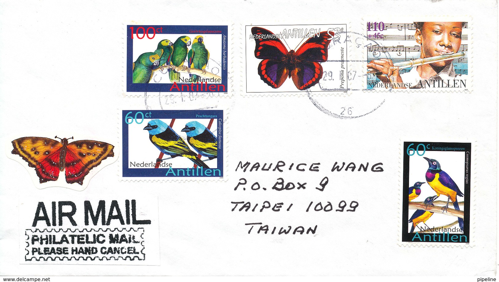 Netherlands Antilles Cover Sent Air Mail To Taiwan 29-1-2007 Topic Stamps BIRDS BUTTERFLY And MUSIC - Curacao, Netherlands Antilles, Aruba