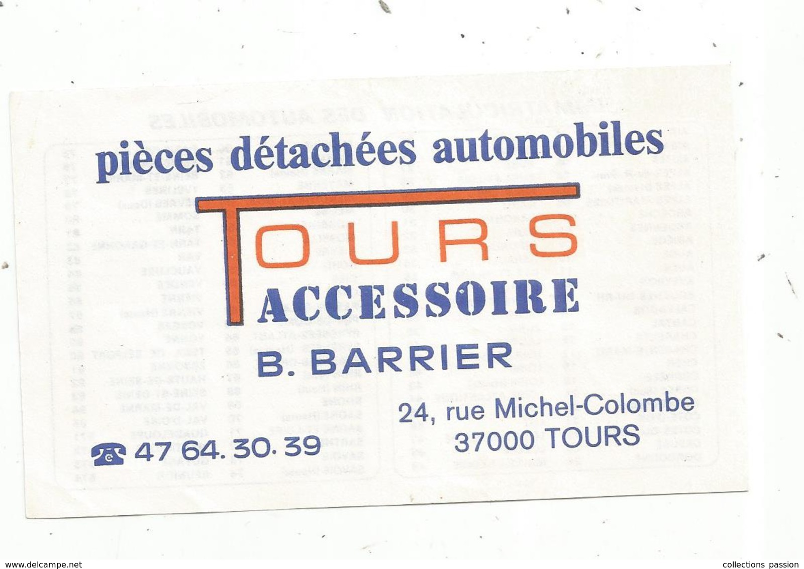 Carte De Visite , Pièces Détachées Automobiles, Tours Accessoires  Barrier,Tours, Verso Immatriculation Des Automobiles - Cartes De Visite