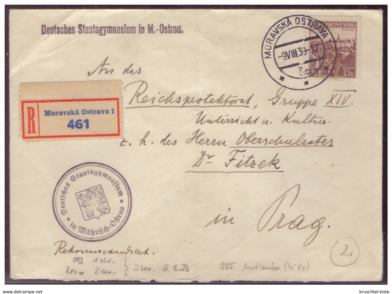 Böhmen Und Mähren (005513) Einschreiben Mitläufer Deutsches Staatsgymnasium M.-Ostrau Gelaufen Nach Prag Am 9.3.1939 - Briefe U. Dokumente
