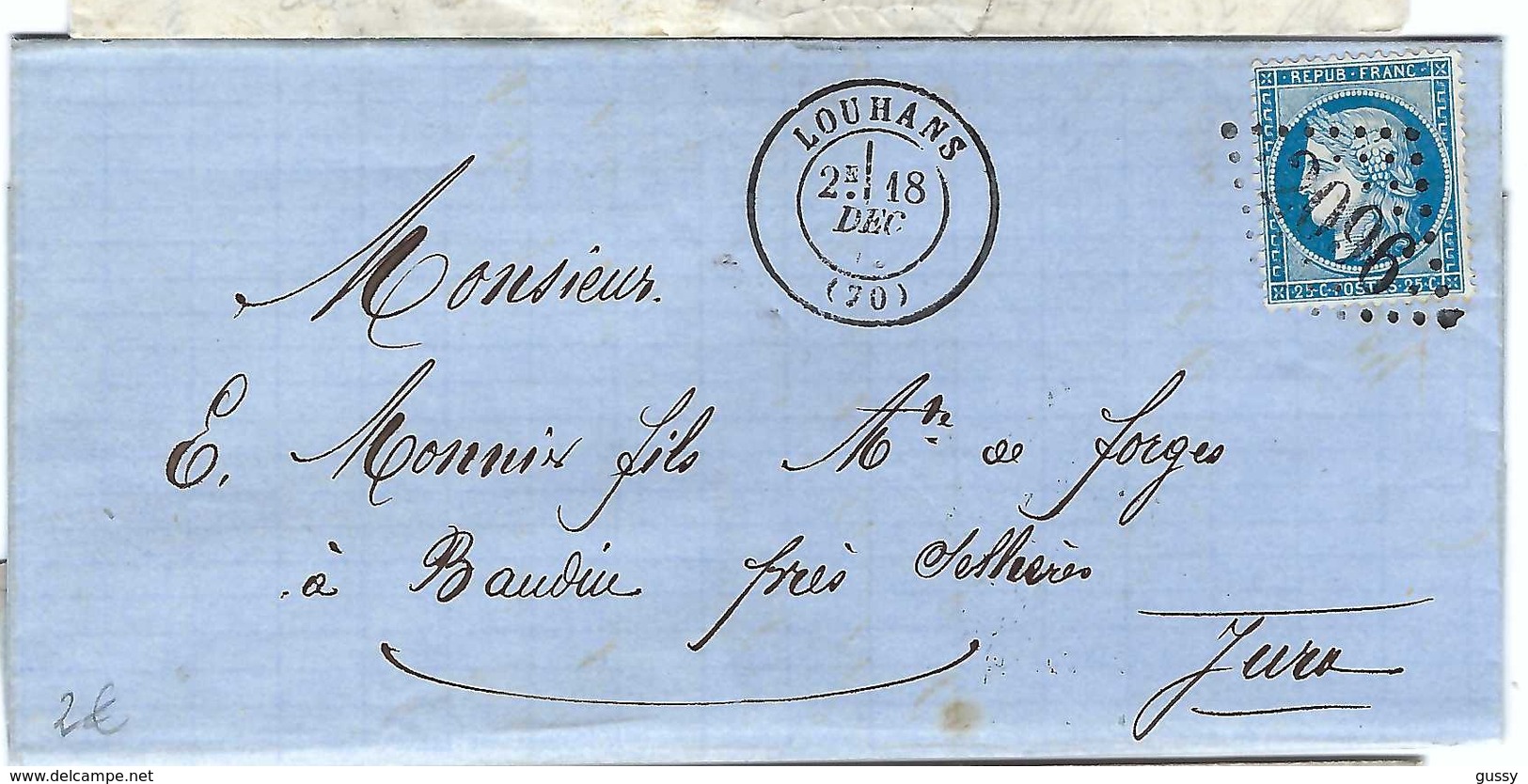 FRANCE 1871: LAC De Louhans (Saône Et Loire) Du 18-12-72 Pour Baudin (Jura)) Avec Le Y&T60A Et Obl. GC2096 (Ind.3) - 1871-1875 Ceres