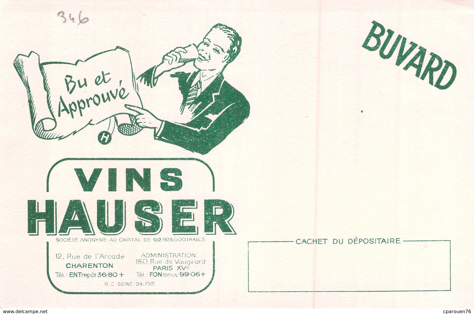 Ancien Buvard Collection LE VIN HAUSER 12 RUE DE L ARCADE CHARENTON 180 RUE DE VAUGIRARD PARIS XV - V