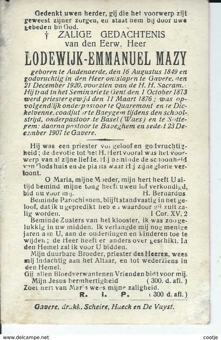 Lodewijk Mazy O Oudenaarde 1849 Priesterkwaremont -dickkelvenne -baaigem Basel -zottegem - Bavegem - Gavere - Images Religieuses