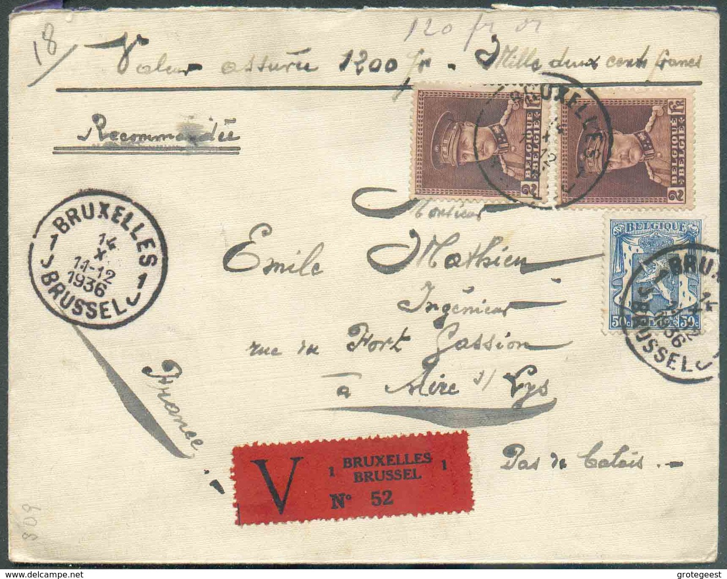 N°321(2)-426 - 2Fr. KEPI (x2) + 50 Centimes SCEAU De L'ETAT Obl. Sc BRUXELLES 1 Sur Lettre à Valeur Déclarée (étiquette - 1931-1934 Kepi