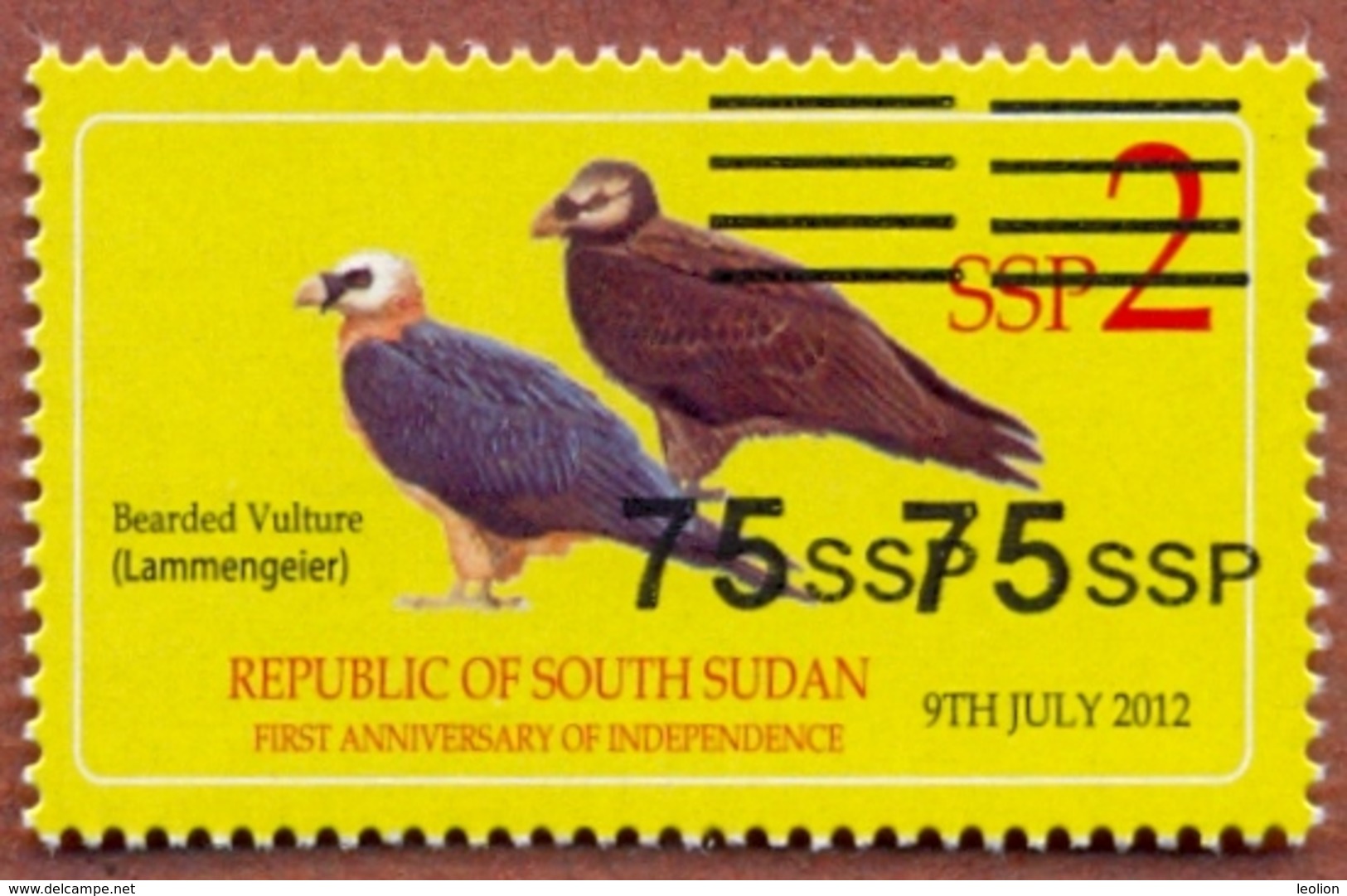SOUTH SUDAN 2017 Overprint Surcharge Stamp ERROR DOUBLE OP On 2 SSP Birds Bearded Vulture Südsudan Soudan Du Sud - Sudán Del Sur