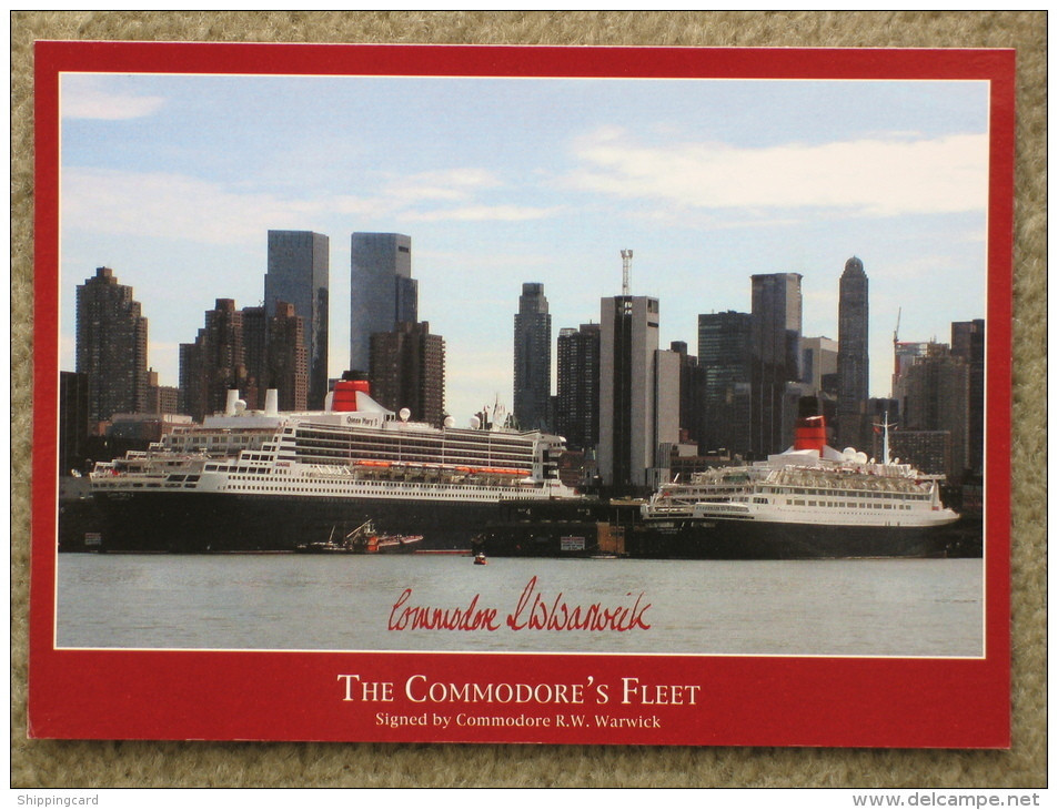 CUNARD QUEEN ELIZABETH 2 (QE2) AND QUEEN MARY 2 (QM2) IN NEW YORK 25.4.2004. COMMODORE WARWICK FACSIMILE SIGNATURE - Steamers