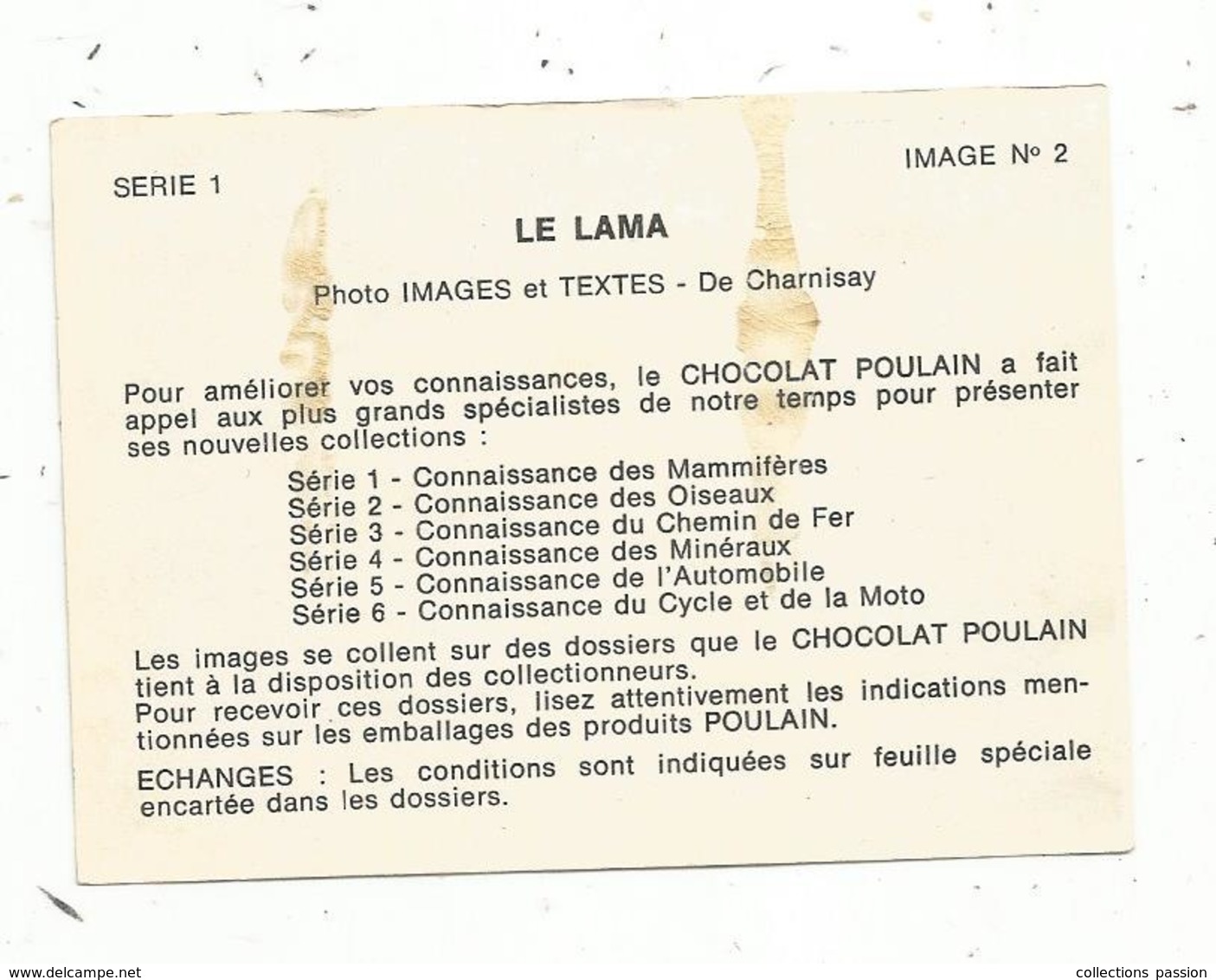 Image CHOCOLAT POULAIN ,animaux , Le LAMA ,serie 1 ,image N° 2 , 2 Scans - Poulain