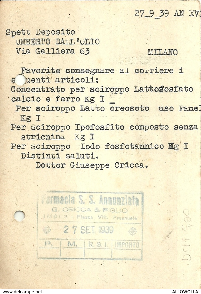 6606 " PREMIATA FARMACIA S.S. ANNUNZIATA(ANTICA FARMACIA MASSA)-IMOLA "-CART. POST. ORIG. SPED.1939 - Negozi