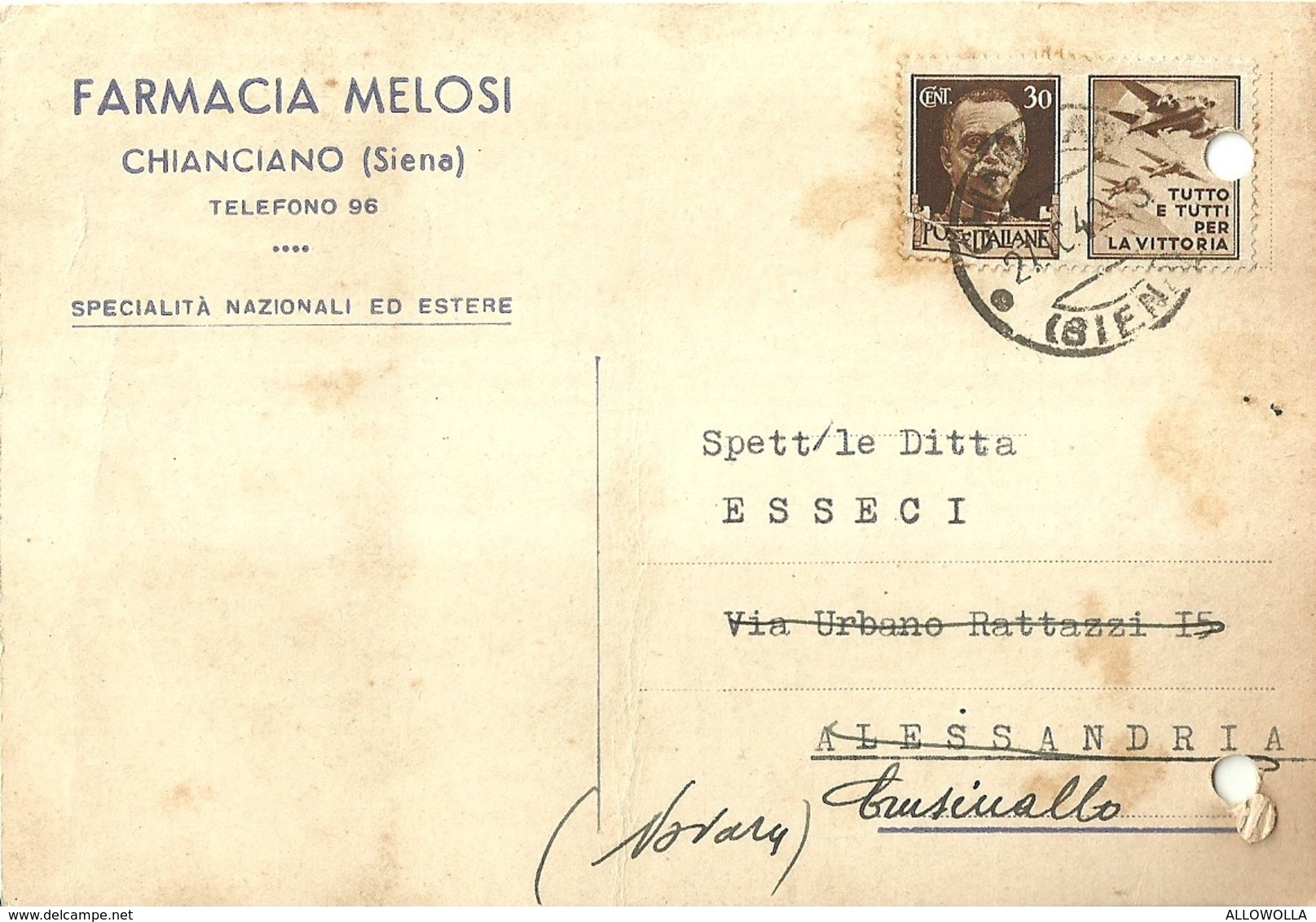 6608 " FARMACIA MELOSI-CHIANCIANO(SIENA)"-CART. POST. ORIG. SPED.1942 - Negozi