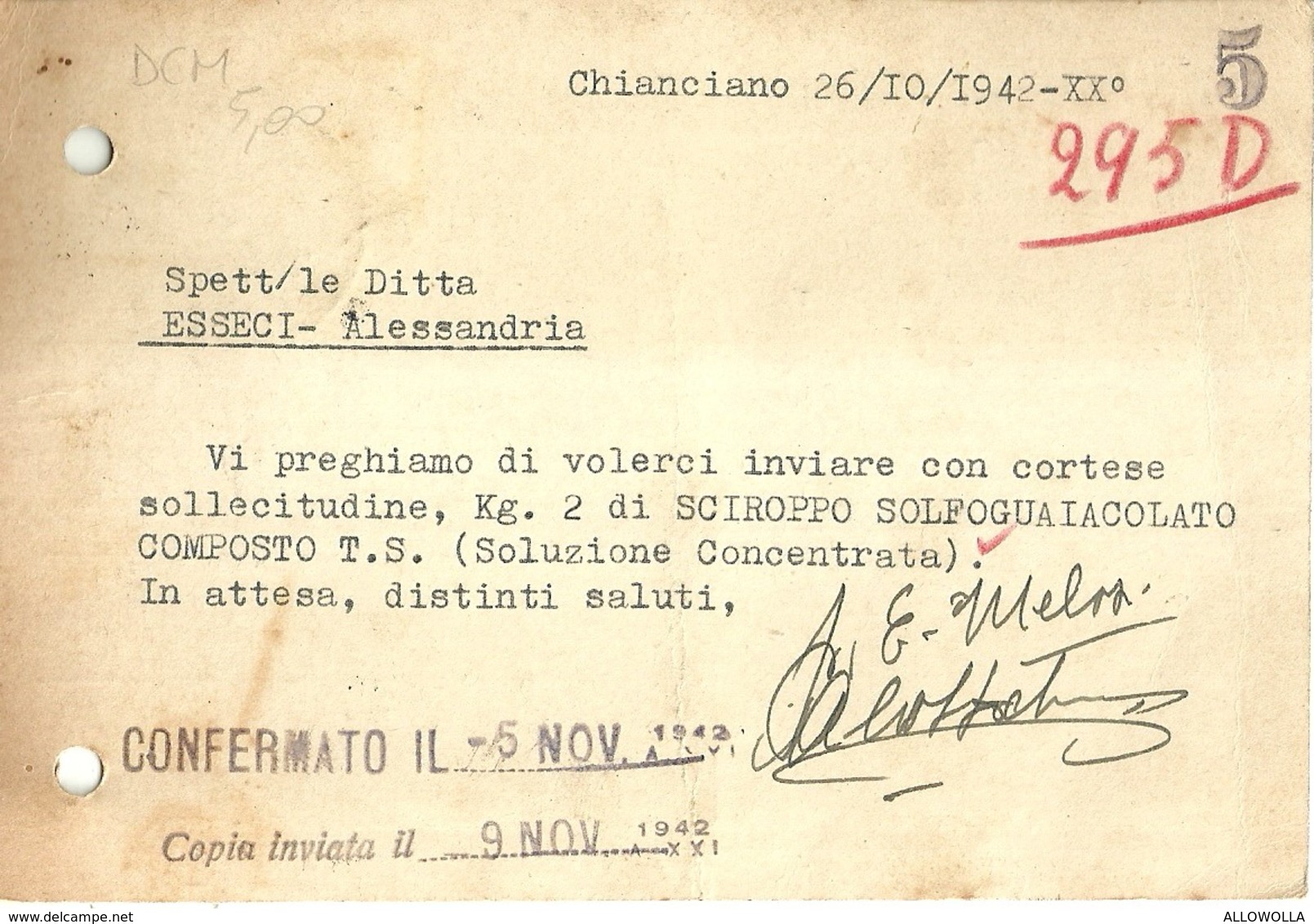 6608 " FARMACIA MELOSI-CHIANCIANO(SIENA)"-CART. POST. ORIG. SPED.1942 - Negozi