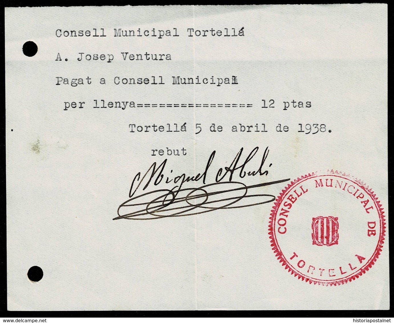 GUERRA CIVIL. 1938. TORTELLÀ. RECIBO CONSEJO MUNICIPAL CON TIMBRE ALCALDÍA. MUY BONITA E INTERESANTE. - Cartas & Documentos
