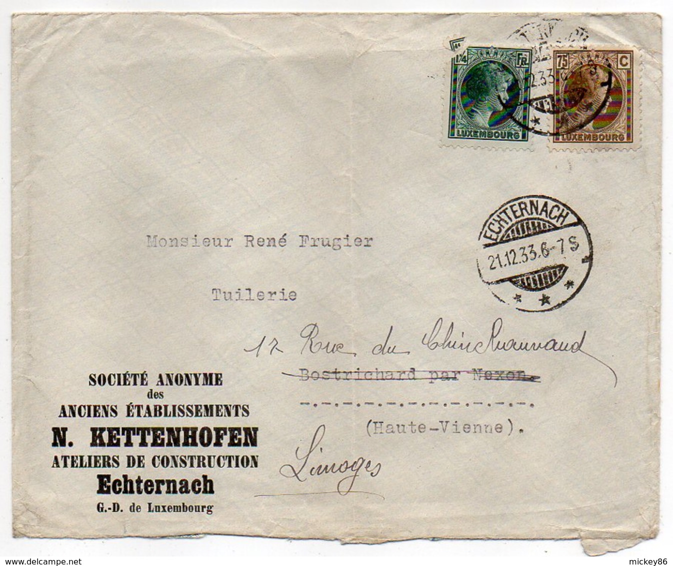 Luxembourg--1933--Lettre De Echternach  Pour Limoges-87 (France)--enveloppe Personnalisée.--cachet...........à Saisir - 1926-39 Charlotte De Profil à Droite