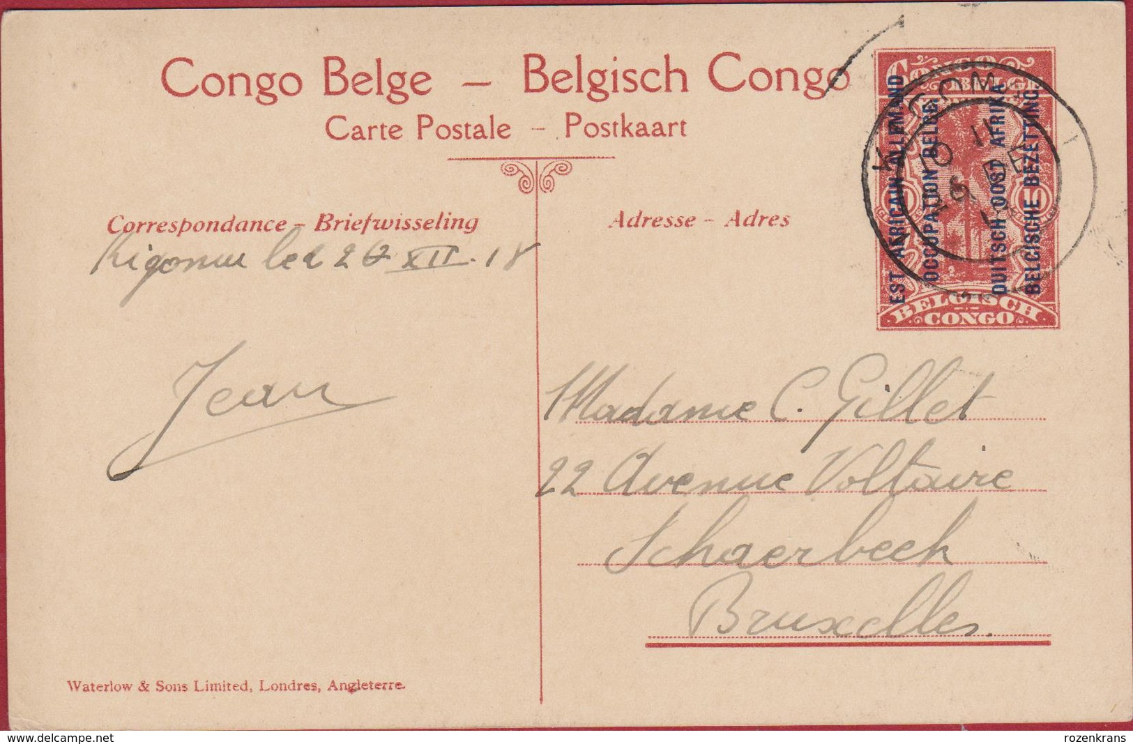 Force Publique 1918 Congo Belge Surchargé Est Africain Allemand Occupation Duits Oost Afrika Entier Postal EP KIGOMA - Entiers Postaux