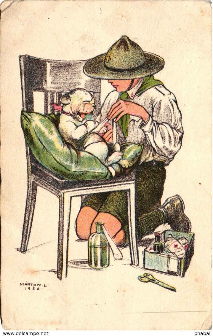 Scouts, Márton L., Marton L., Scout Helping For A Wounded Dog, Old Postcard - Scouting