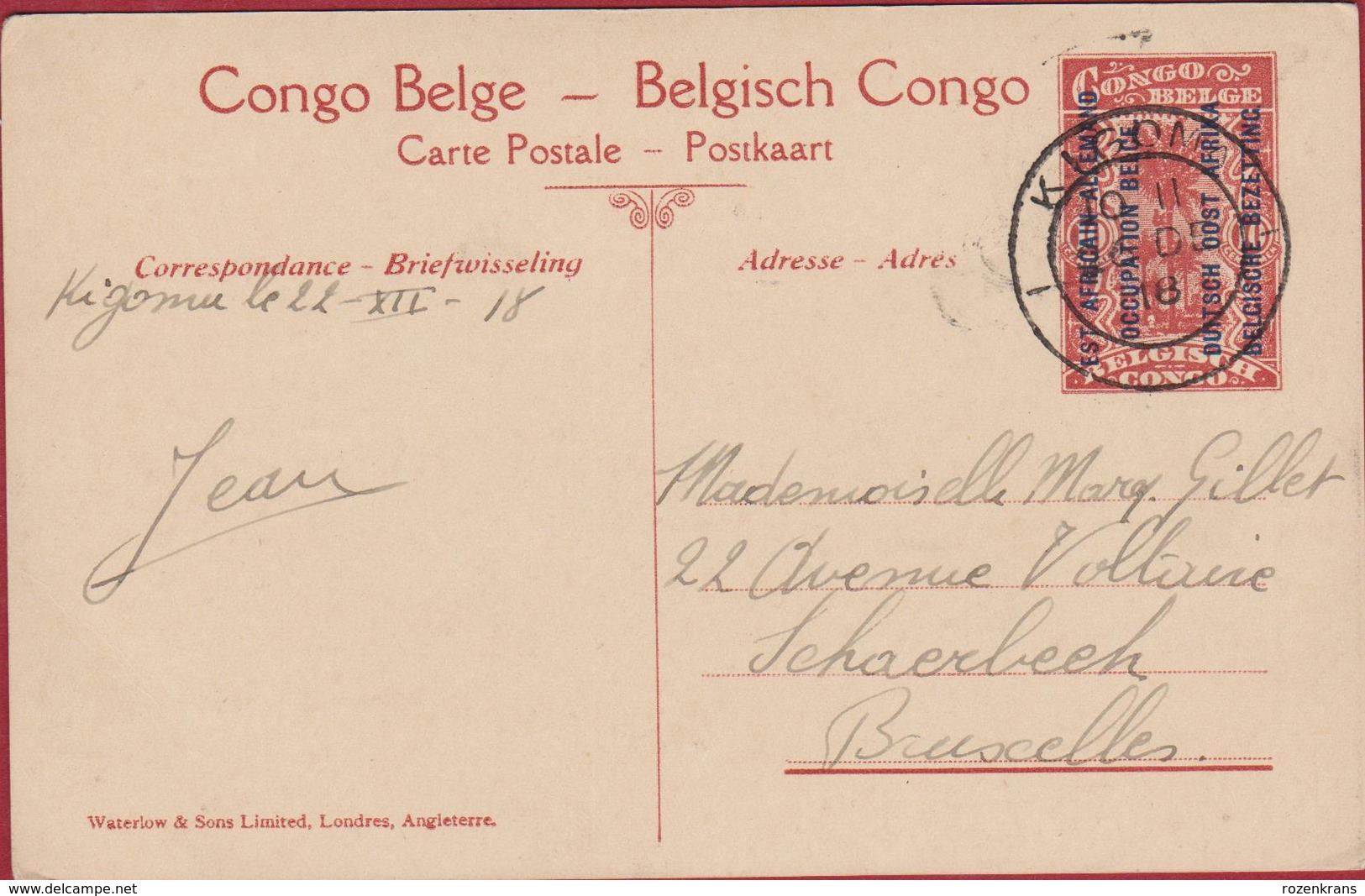 Kagera Oblit. Kigoma 1918 Belgisch Congo Belge Surchargé Est Africain Allemand Occupation Entier Postal Postwaardestuk - Entiers Postaux