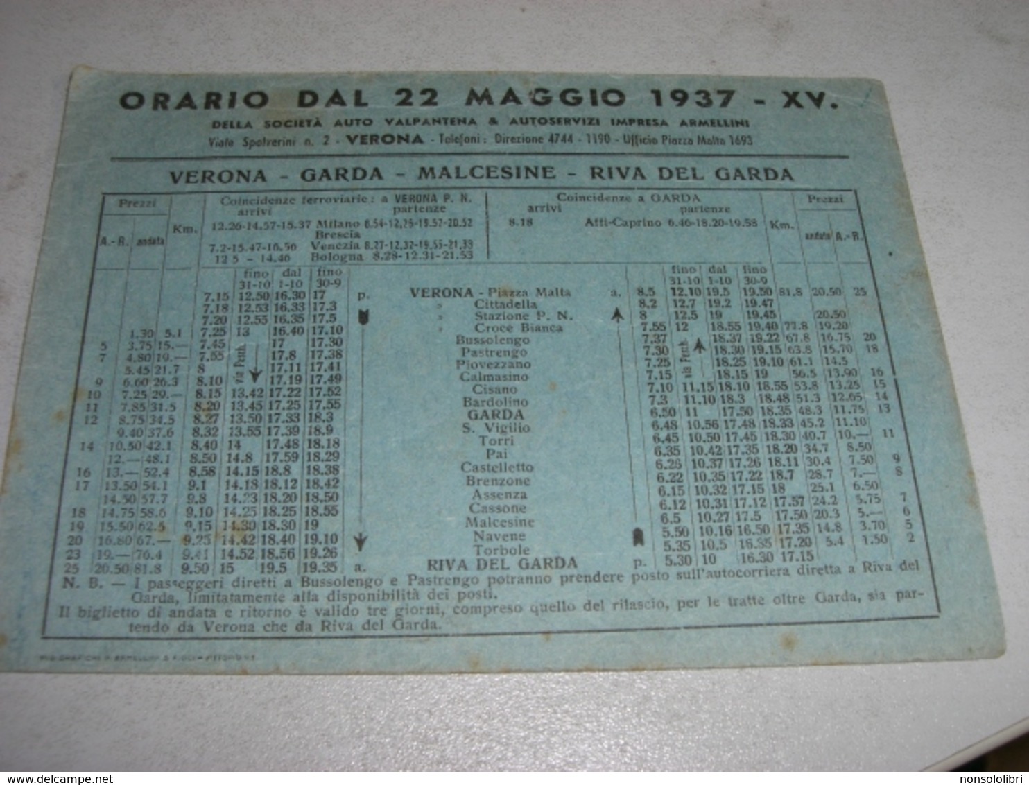 VOLANTINO ORARIO DAL 22 MAGGIO 1937 VERONA,GARDA,MALCESINE,RIVA DEL GARDA - Dépliants Turistici