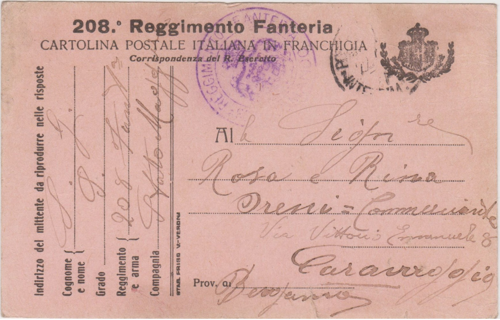 1916 208  REGGIMENTO FANTERIA Stemma A Destra Nero Su Rosa Viaggiata Posta Militare Non Affrancata Non Tassata - Marcofilía