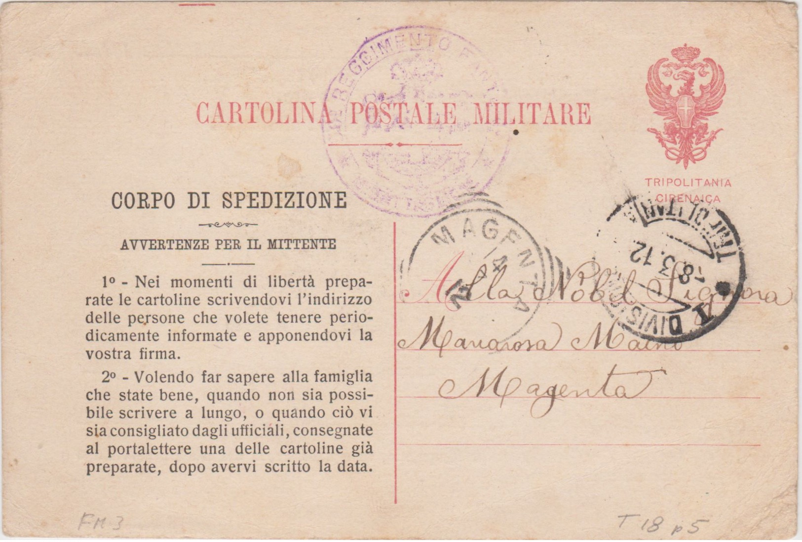 1912 CARTOLINA FRANCHIGIA Corpo Spedizione Libia Viaggiata - Libia