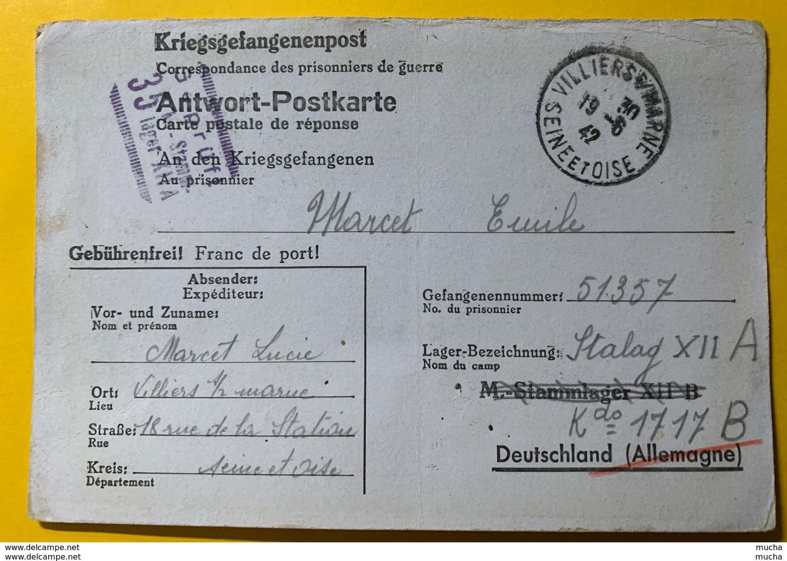 9539 - Correspondance Des Prisonniers De Guerre Carte Réponse Villiers Sur Marne 19.06.1942 Pour Stalag 12 A - War Stamps