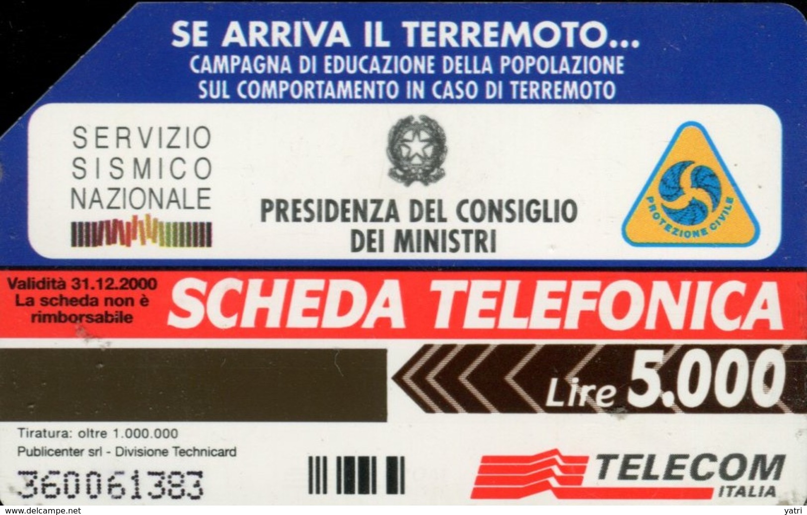 Scheda Telefonica "In Caso Di Terremoto" - Scadenza 31/12/2000 (usata) - Pubbliche Speciali O Commemorative