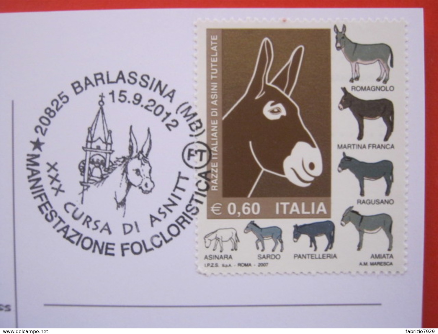 A.16 ITALIA ANNULLO 2012 BARLASSINA MONZA BRIANZA FOLKLORE CORSA ASINI ANIMALI DIALETTO CAMPANILE DISEGNO - Anes