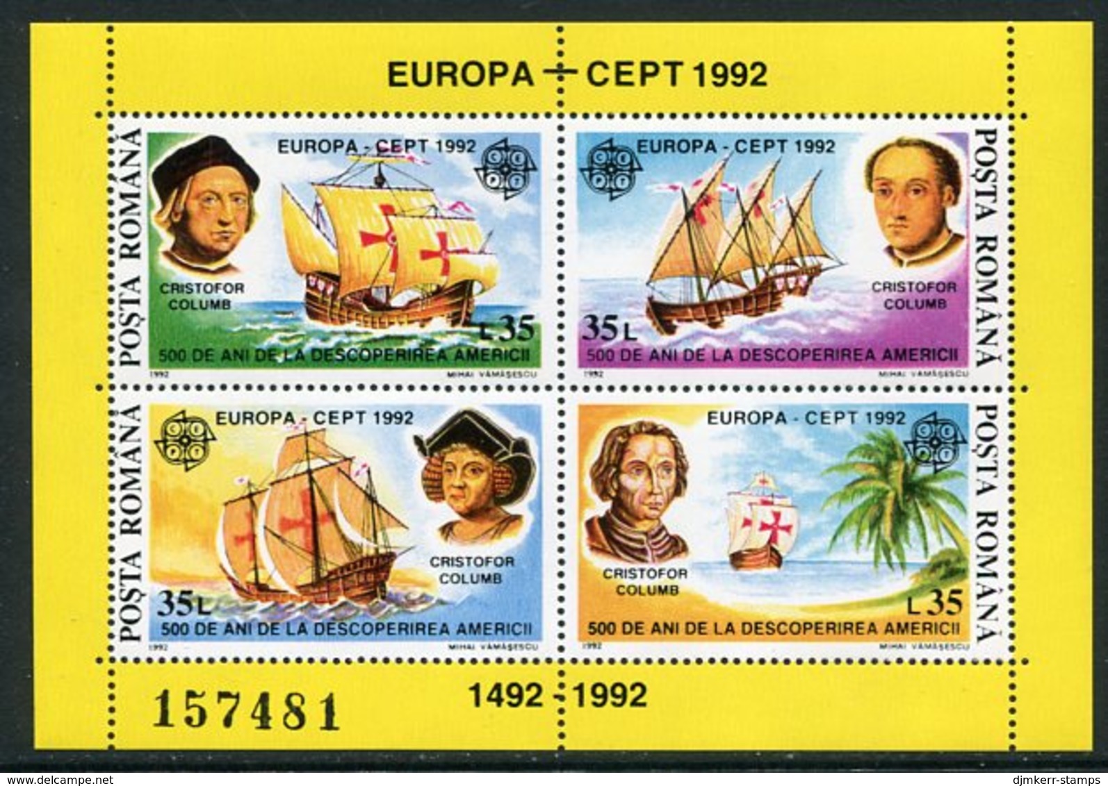 ROMANIA 1992 Europa: Discovery Of America Block MNH / **..  Michel Block 271 - Unused Stamps
