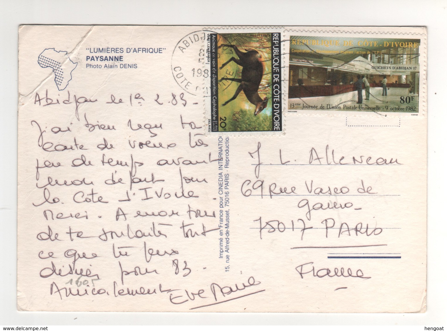 Beaux Timbres , Stamps " Antilope Céphalophe , UPU  " Sur Cp , Carte , Postcard  Du 01/02/83 Pli Angle Supérieur Gauche - Costa D'Avorio (1960-...)