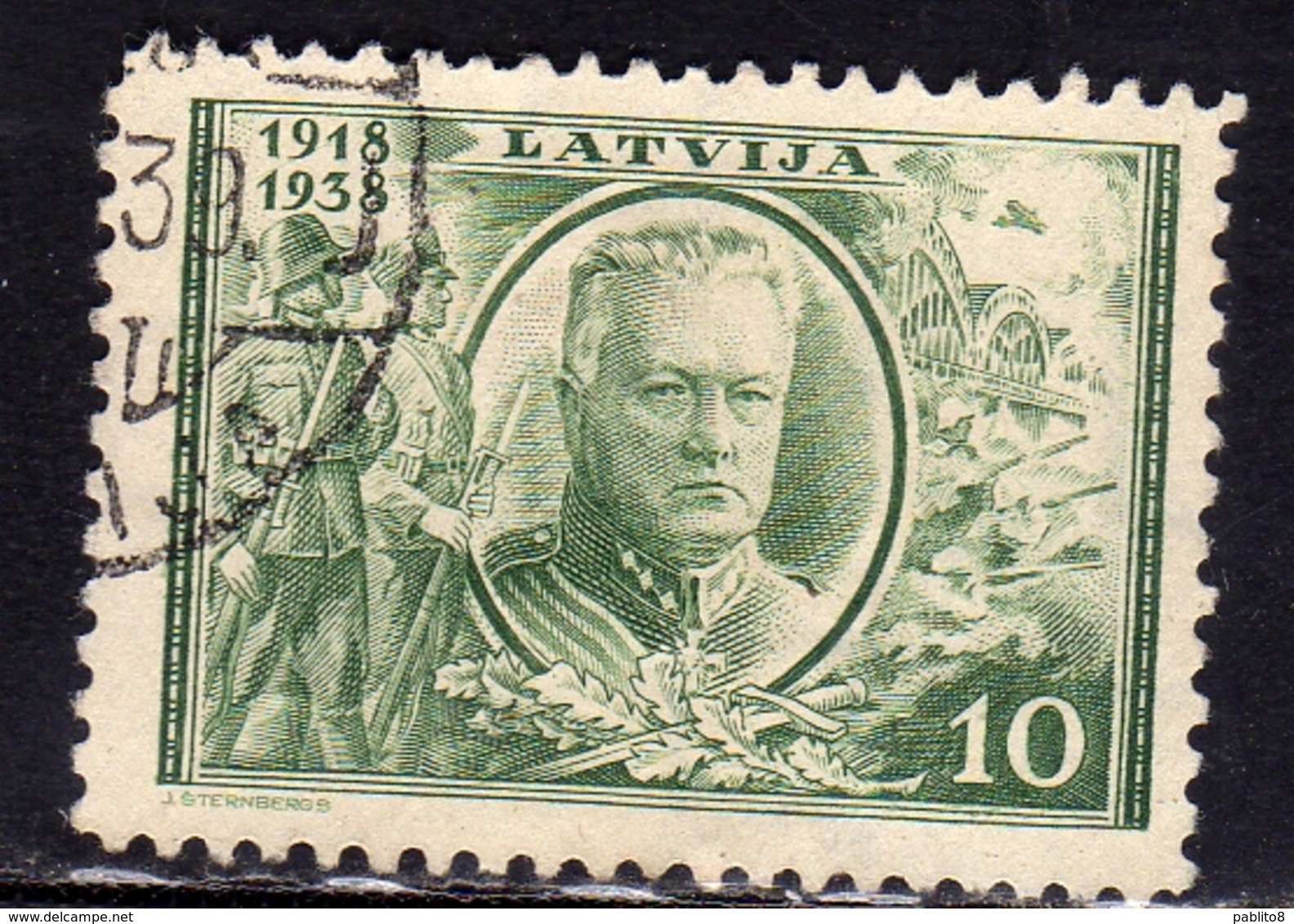 LATVIA LETTLAND LETTONIA LATVIJA 1938 REPUBLIC ANNIVERSARY GENERAL J. BALODIS 10s USATO USED OBLITERE' - Lettonia