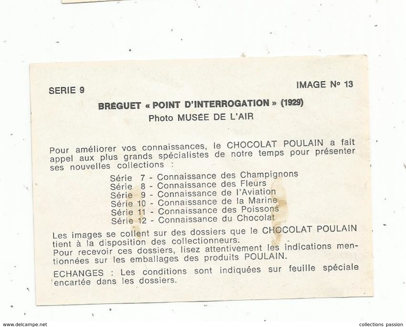 Image CHOCOLAT POULAIN , Aviation , Avion BREGUET ,point D'interrogation ,1929 , Serie 9 , Image N° 13 ,2 Scans - Poulain