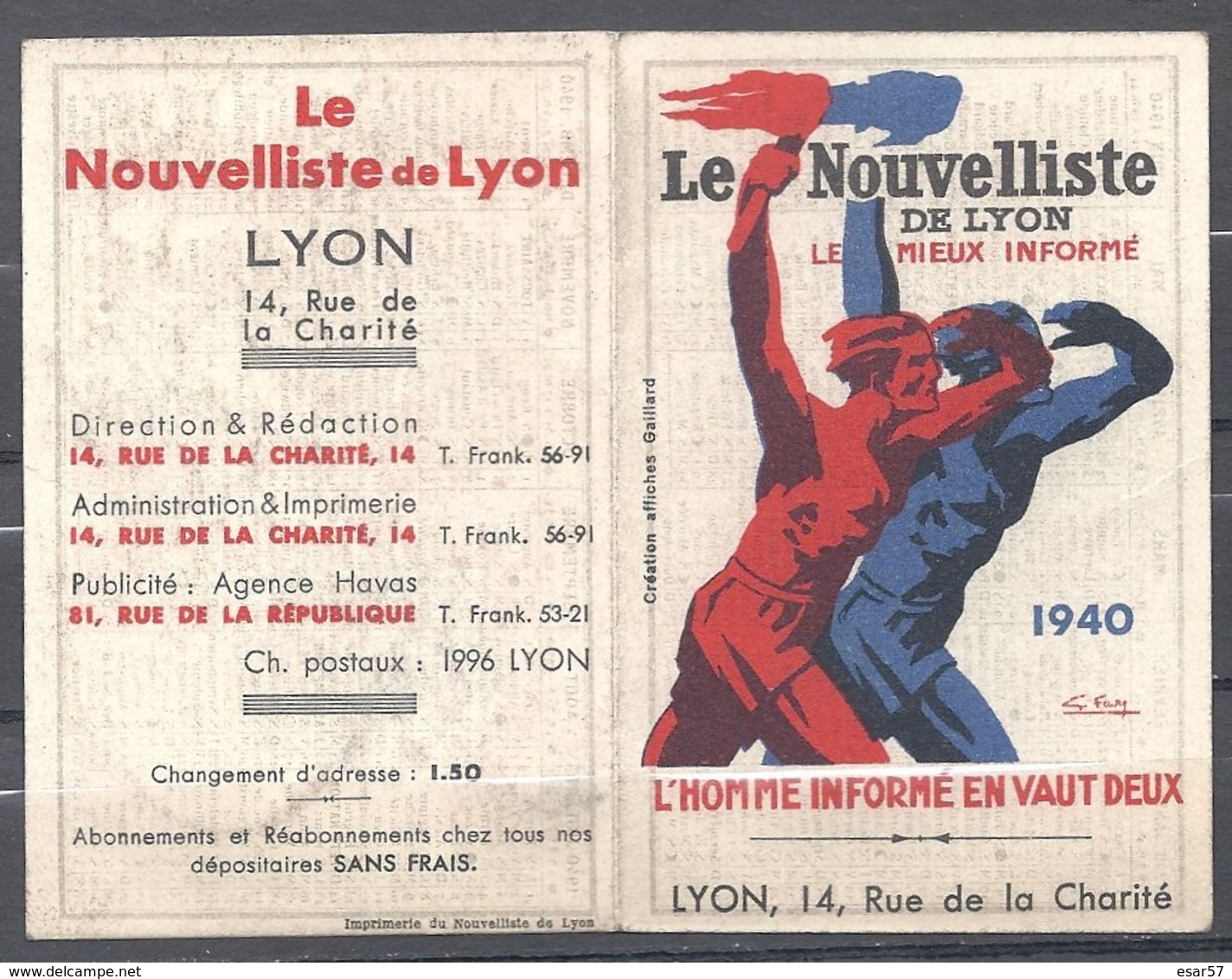 Lyon - Calendrier 1940 - Le Nouvelliste De Lyon - Petit Format : 1921-40