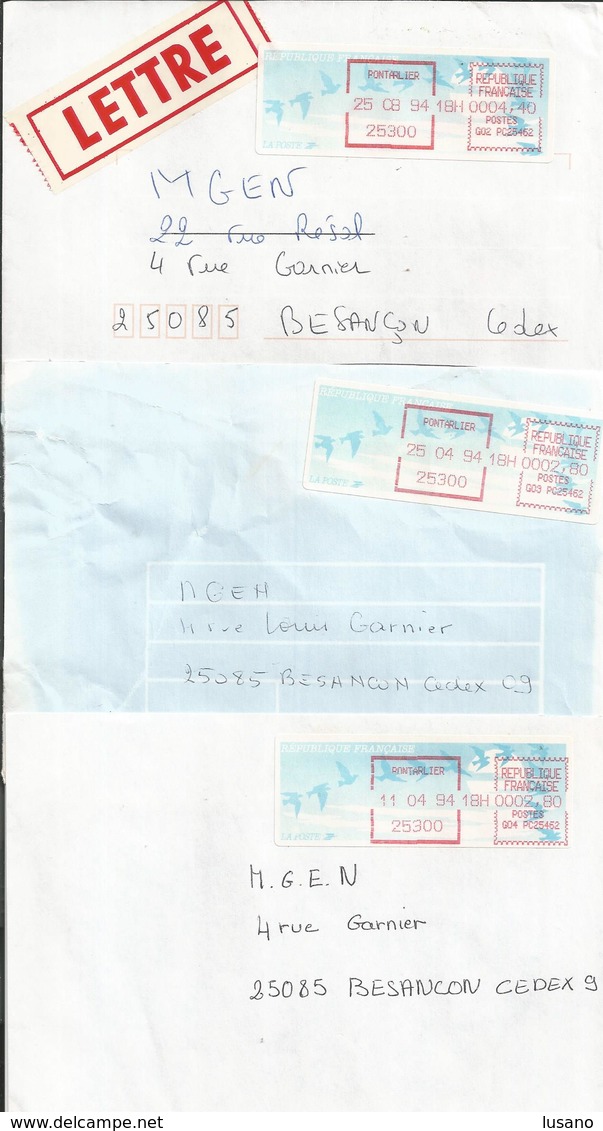 Lot De 3 Vignettes D'affranchissement Type "Oiseaux De Jubert" Sur Enveloppes - Bureau De Pontarlier (Doubs) - 1990 Type « Oiseaux De Jubert »